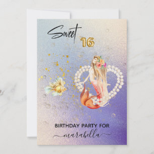 *~* SWEET SIXTEEN Heart Mermaid Pearl 16 Birthday Invitation