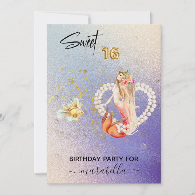 *~* SWEET SIXTEEN Heart Mermaid Pearl 16 Birthday Invitation (Front)