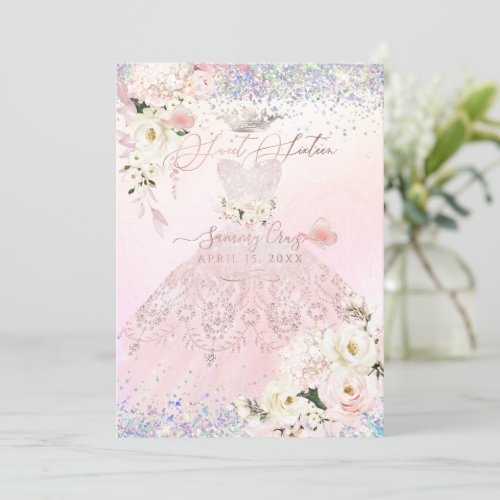 Sweet Sixteen Holographic Dream Blush Pink Dress   Invitation