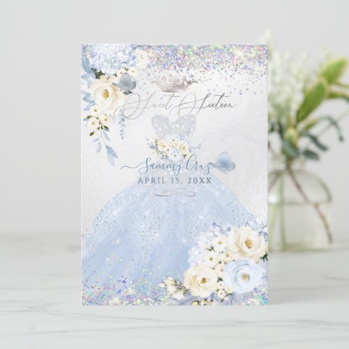 Sweet Sixteen Holographic Dusty Blue Silver Dress Invitation