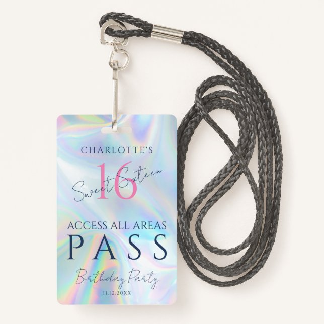 Sweet Sixteen Holographic VIP Access Invitation ID Badge (Front with Lanyard)