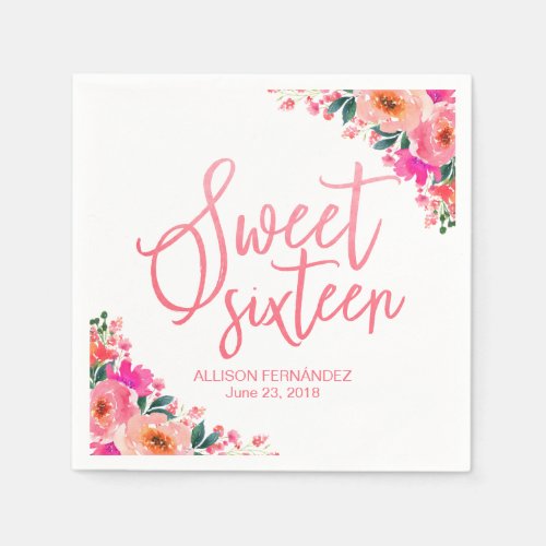 Sweet Sixteen Hot Pink Watercolor Floral Napkins