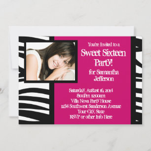 Sweet Sixteen, Hot Pink Zebra Photo Invitation