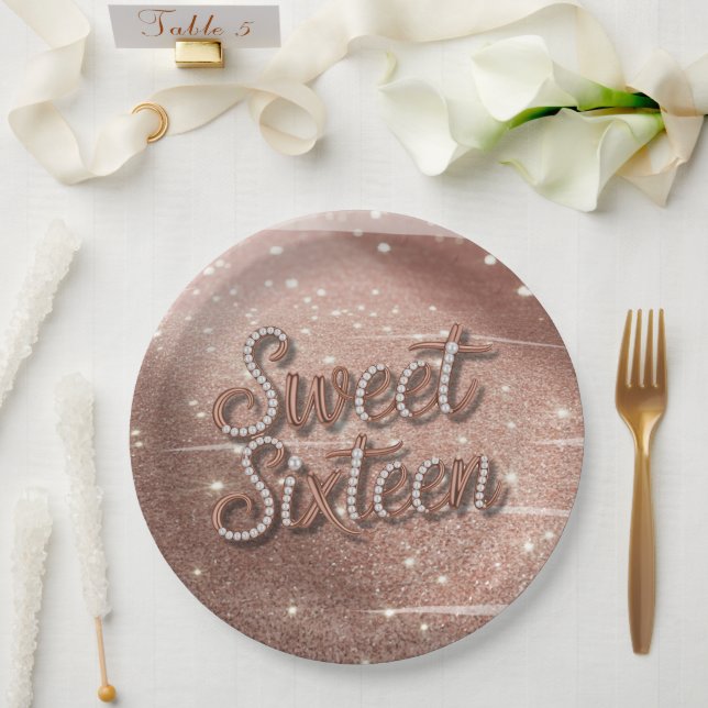Sweet Sixteen In Rose Gold and Pearls Paper Plates (Wedding)