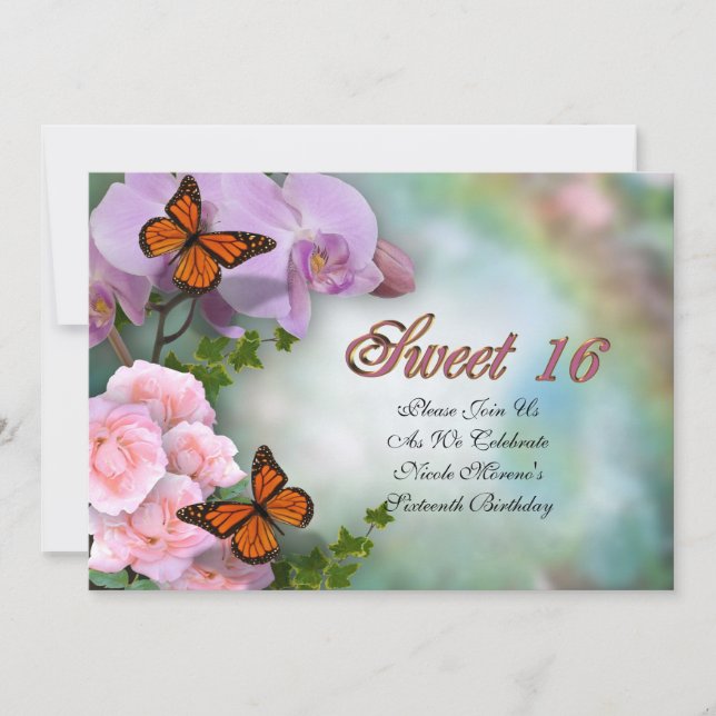 Sweet Sixteen Invitation butterflies and flowers (Front)