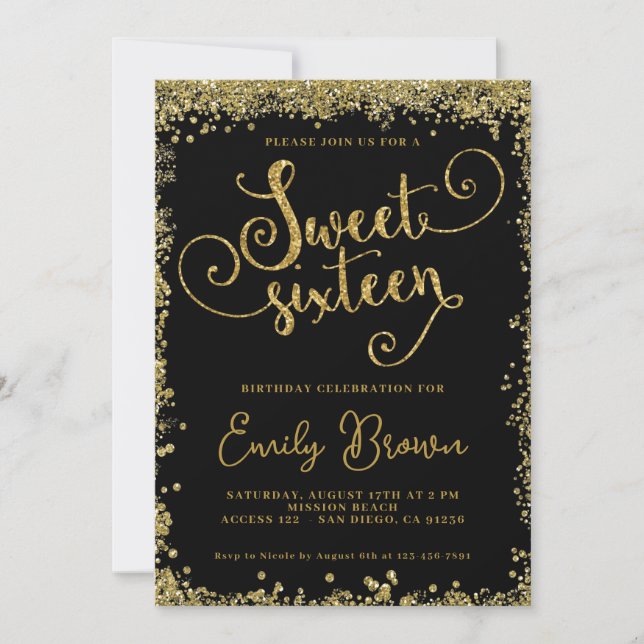 Sweet Sixteen Invite Black and faux gold glitter (Front)