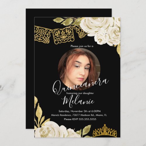 Sweet Sixteen Ivory Glitter Faux Floral Photo  Invitation