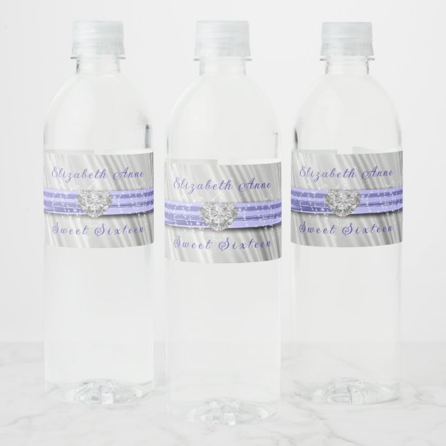 Sweet Sixteen Lavender Ribbon Silver Silk  Water Bottle Label (Bottles)