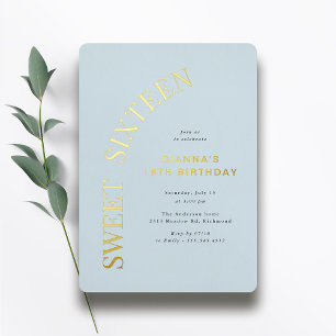 Sweet Sixteen Light Blue and Gold 16th Birthday Foil Invitation