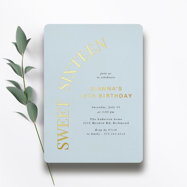 Sweet Sixteen | Light Blue and Gold 16th Birthday Foil Invitation (Creator Uploaded)