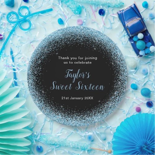 Sweet Sixteen Light Blue Faux Glitter Paper Plates