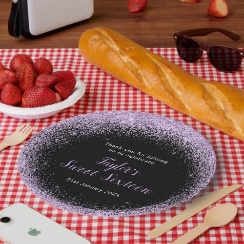 Sweet Sixteen Light Purple Faux Glitter Paper Plates