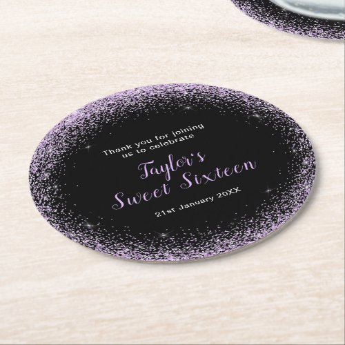 Sweet Sixteen Light Purple Faux Glitter Round Paper Coaster