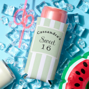 Sweet Sixteen Light Sage Green Stripe Classy Seltzer Can Cooler