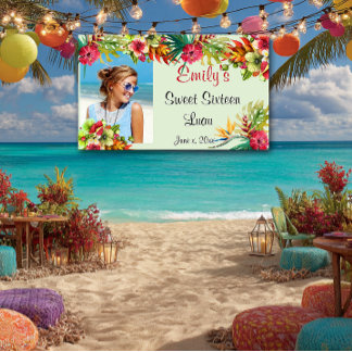 Sweet Sixteen Luau, Red Hibiscus, Custom Banner