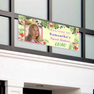 Sweet Sixteen Luau, Red Pink Hibiscus Tropical Ban Banner