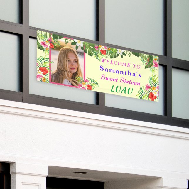 Sweet Sixteen Luau, Red Pink Hibiscus Tropical Ban Banner (Outside Building)