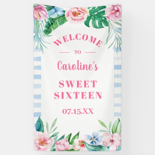 Sweet Sixteen Luau Tropical Floral Beach Hawaiian Banner