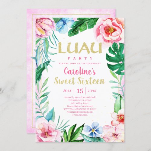 Sweet Sixteen Luau Tropical Floral Pink Hawaiian Invitation