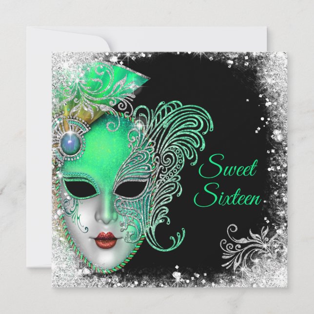 Sweet Sixteen, Masquerade Ball, Glitter Invitation (Front)