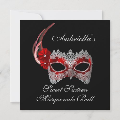"Sweet Sixteen Masquerade Ball" Red/White Mask w/  Personalized Invite