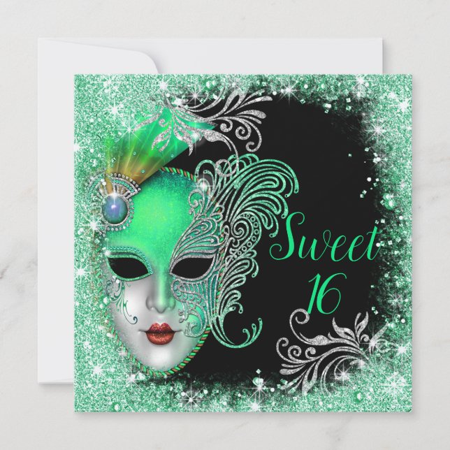 Sweet Sixteen, Masquerade Ball Turquoise Glitter Invitation (Front)
