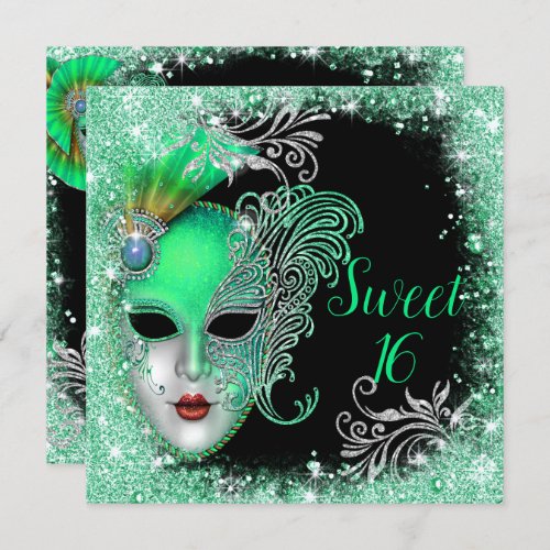 Sweet Sixteen Masquerade Ball Turquoise Glitter Invitation