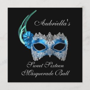 "Sweet Sixteen Masquerade Ball" Turquoise Mask w/ Invitation
