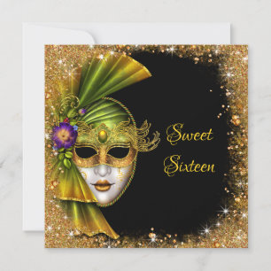 Sweet Sixteen, Masquerade, Gold Glitter Invitation