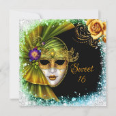 Sweet Sixteen Masquerade Mardi Gras Gold Green Invitation (Front)