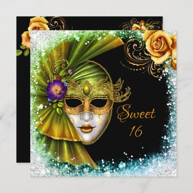 Sweet Sixteen Masquerade Mardi Gras Gold Green Invitation (Front/Back)