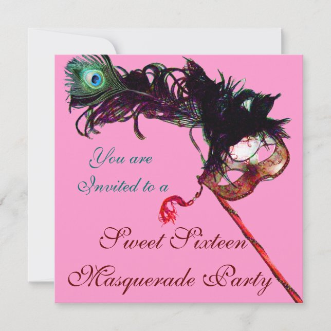 SWEET SIXTEEN MASQUERADE PARTY Pink  Gold Metallic Invitation (Front)