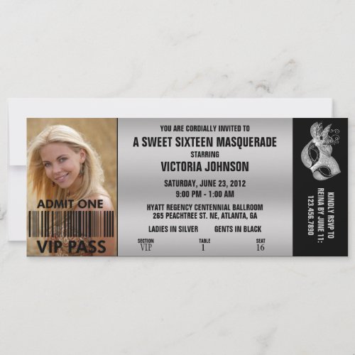 Sweet Sixteen Masquerade VIP Admission Ticket Invitation