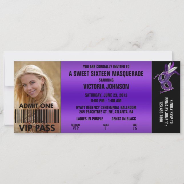 Sweet Sixteen Masquerade VIP Admission Ticket Invitation (Front)