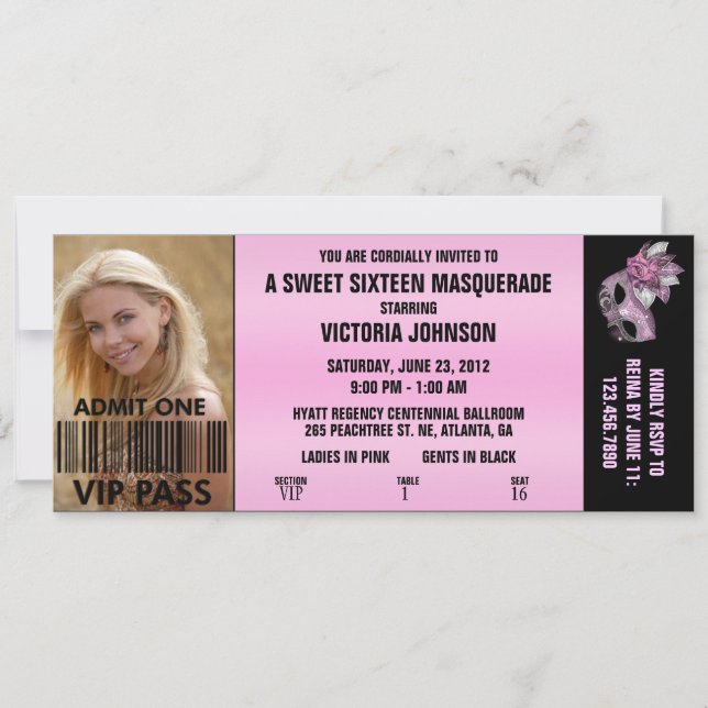 Sweet Sixteen Masquerade VIP Admission Ticket Invitation (Front)