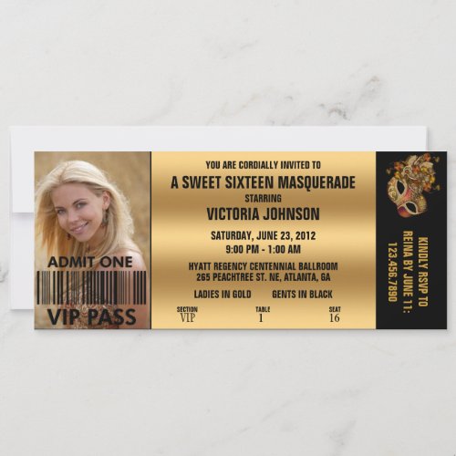 Sweet Sixteen Masquerade VIP Admission Ticket Invitation