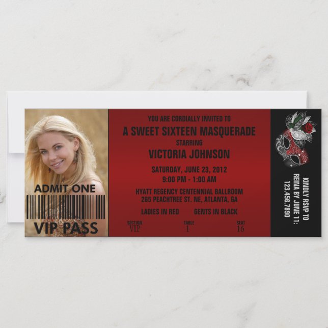 Sweet Sixteen Masquerade VIP Admission Ticket Invitation (Front)
