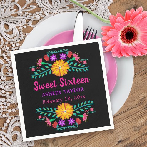 Sweet Sixteen Mexican Fiesta Black and Pink Floral Napkins