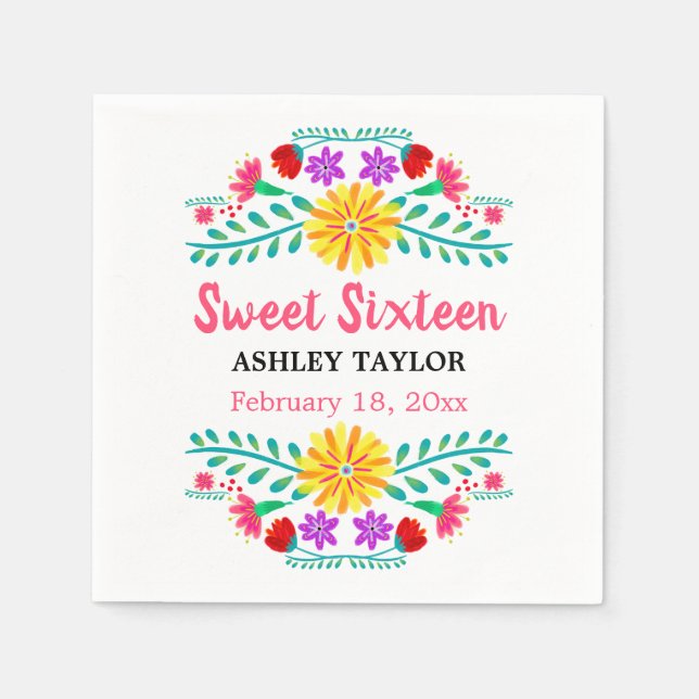 Sweet Sixteen Mexican Fiesta White and Pink Floral Napkins (Front)
