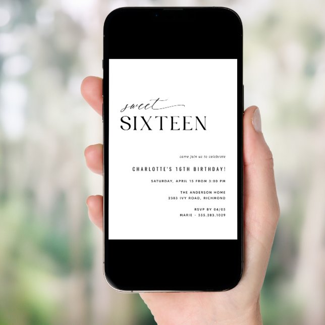 Sweet Sixteen Modern Black and White 16th Birthday Invitation (Front Digital)