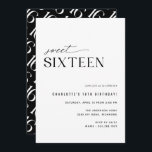 Sweet Sixteen Modern Black and White 16th Birthday Invitation<br><div class="desc">Modern-minimal style 16th birthday invitations with an off-center design. Sleek black and white color scheme with a fun pattern on the back. (Reverse side pattern can be removed,  if desired,  by using the design tool.)</div>