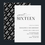Sweet Sixteen Modern Black and White 16th Birthday Invitation<br><div class="desc">Modern-minimal style 16th birthday invitations with an off-center design. Sleek black and white color scheme with a fun pattern on the back. (Reverse side pattern can be removed,  if desired,  by using the design tool.)</div>