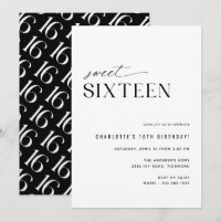 Sweet Sixteen Modern Black and White 16th Birthday