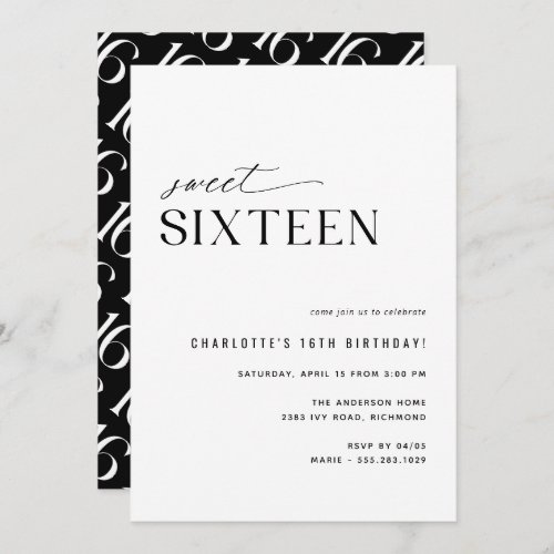 Sweet Sixteen Modern Black and White 16th Birthday Invitation
