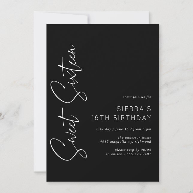 Sweet Sixteen | Modern Minimal Black 16th Birthday Invitation (Front)