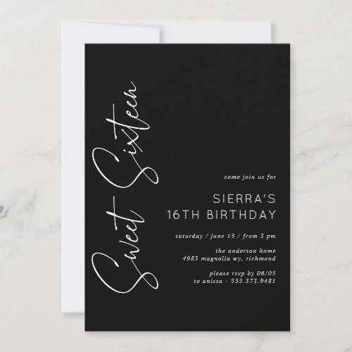 Sweet Sixteen  Modern Minimal Black 16th Birthday Invitation
