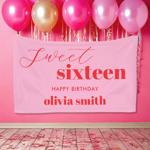 Sweet Sixteen Modern Pink Red 16th Birthday Banner