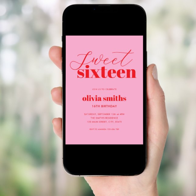 Sweet Sixteen Modern Pink Red 16th Birthday Invitation (Front Digital)