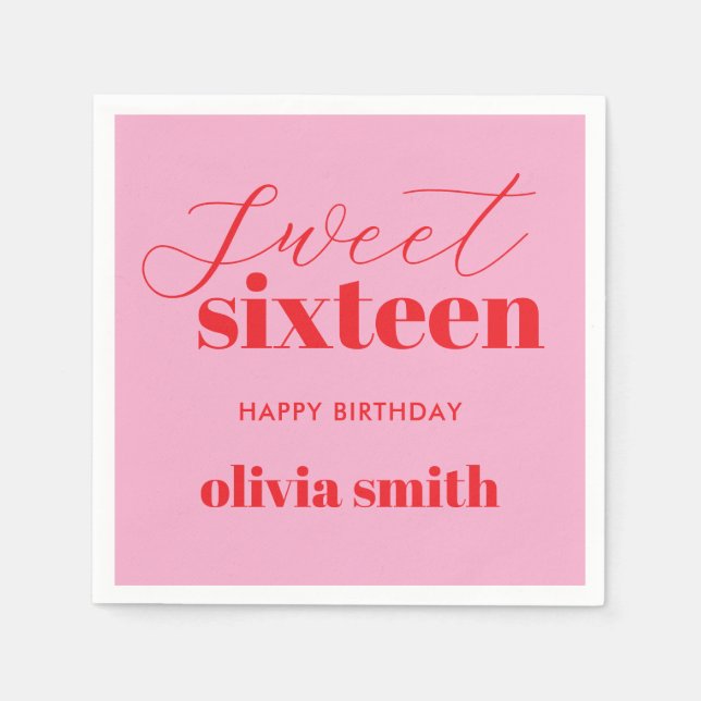 Sweet Sixteen Modern Pink Red 16th Birthday Napkins (Front)