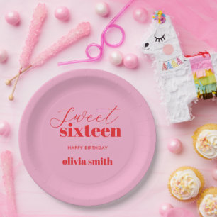 Sweet Sixteen Modern Pink Red 16th Birthday Paper Plates